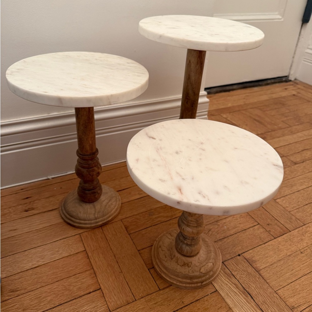 Set of Three Marble and Wood Pedestal Stands